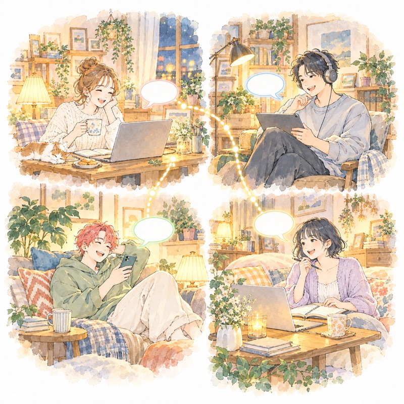 家から、スマホやパソコンで、おしゃべりを楽しむ4人