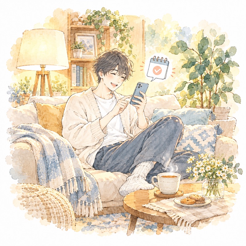 家で、スマホから予約する男性